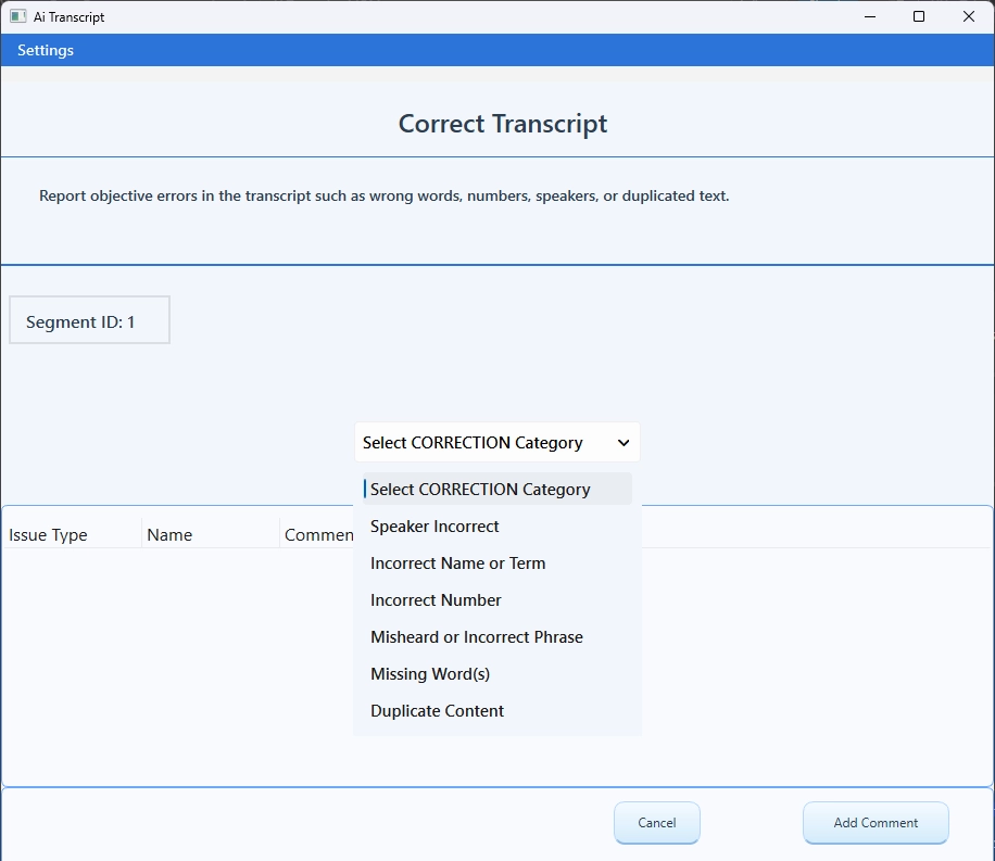 Correct transcript dialogue screen for Dual Evidence Verification™