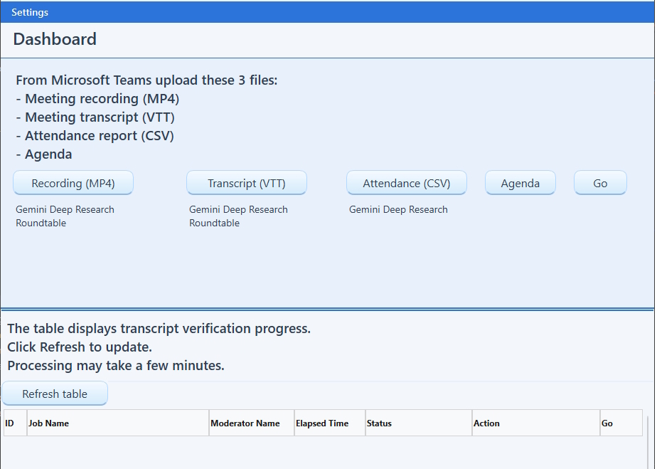 Screenshot how to Import Microsoft Teams video, .vtt, .csv, and agenda files to AI-Transcript