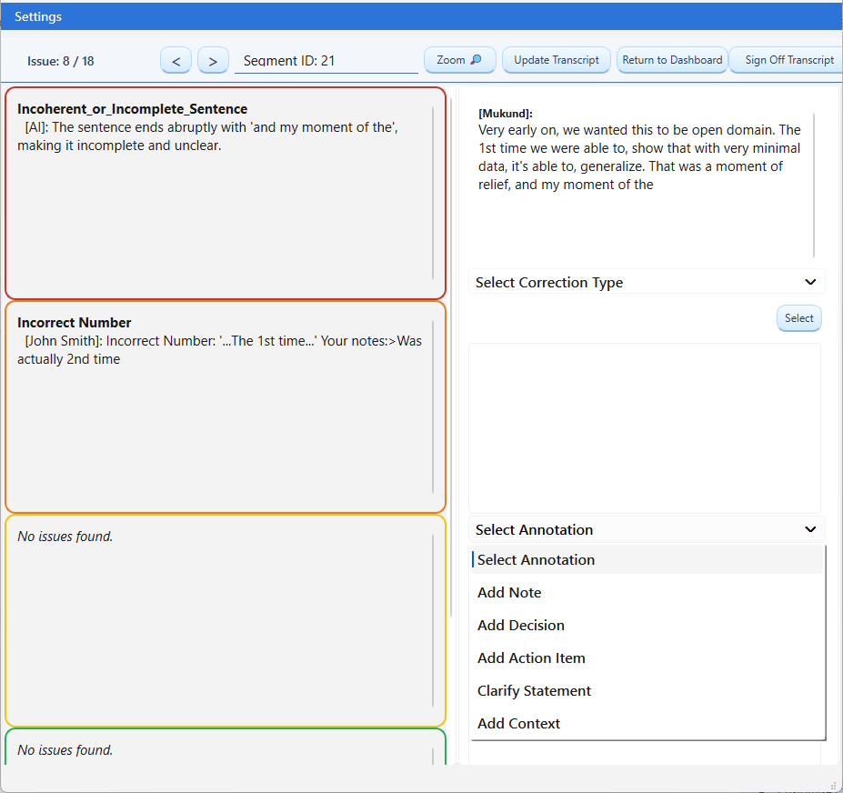 Screenshot how transcript annotations preserve the original transcript while adding valuable business information.