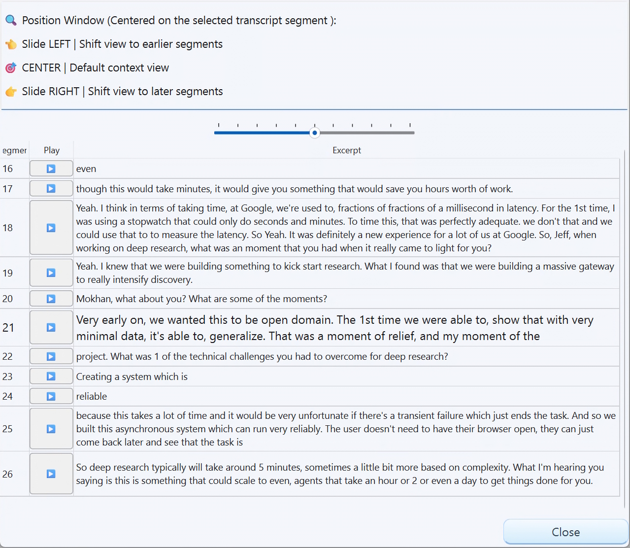 Screenshot of the AI-Transcript Zoom view expanding a discussion segment with surrounding context 