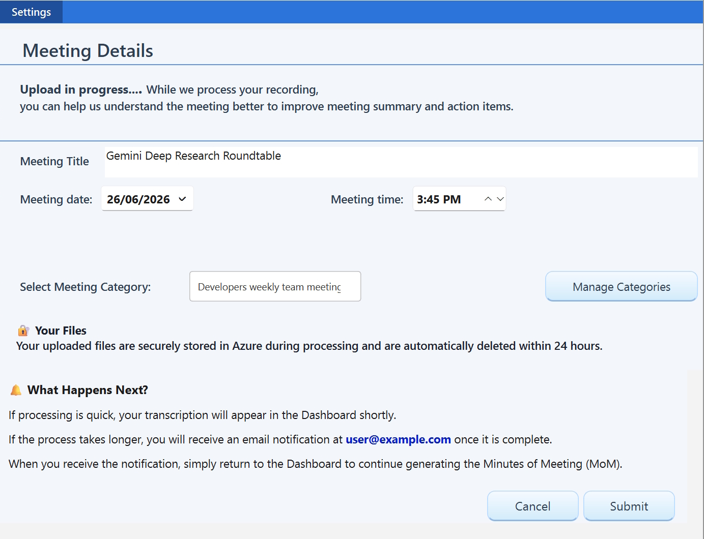 A Meeting Category groups related meetings under a common business topic in AI-Transcript dashboard