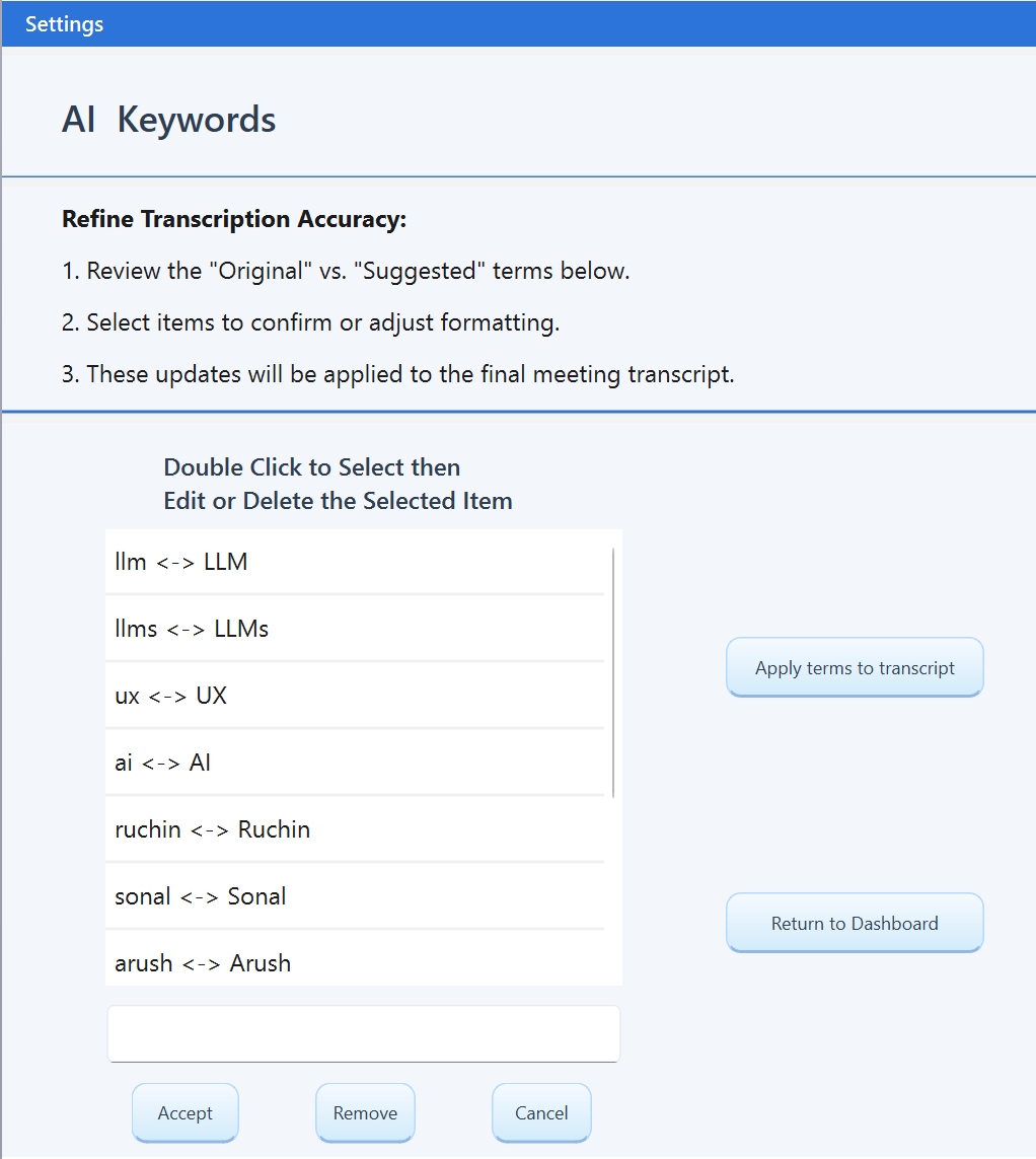 Screenshot of keywords found by AI and suggested correct spelling 