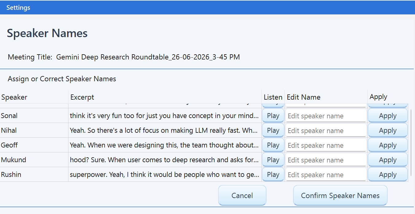 Screenshot of AI-Transcript combines play audio with excerpt for better speaker identification 