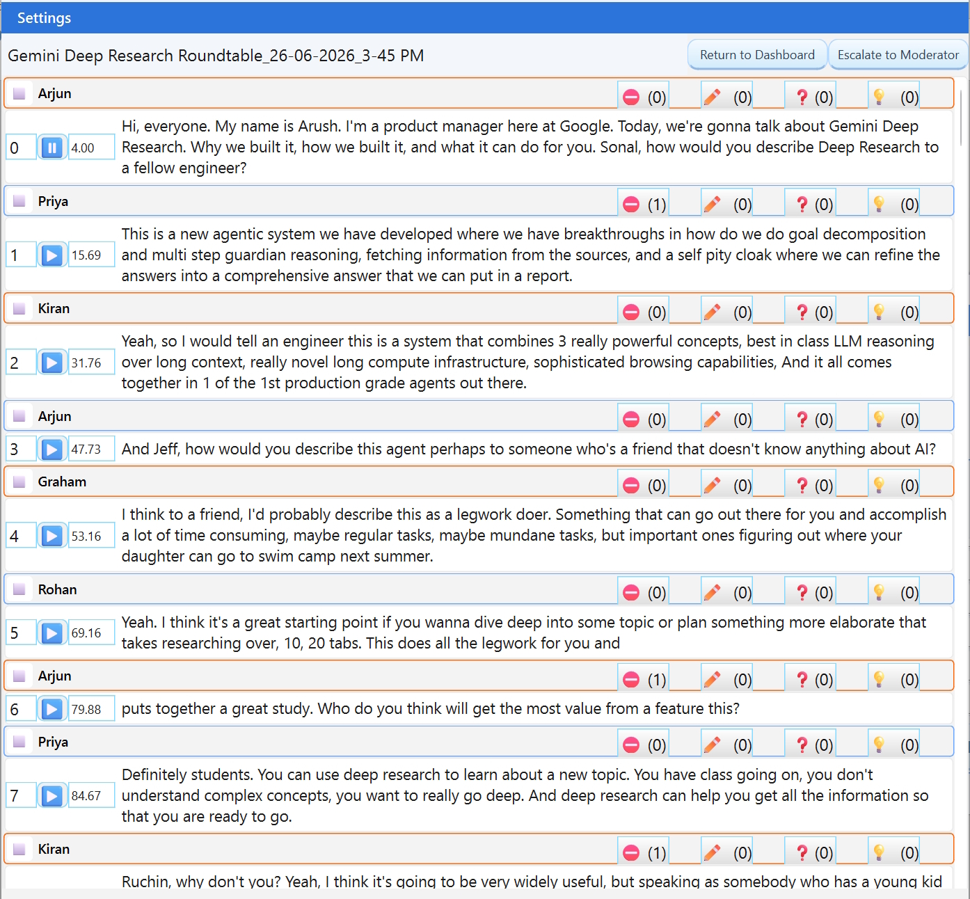 Screenshot of the AI-Transcript review screen, demonstrating how meeting participants compare written transcript text with its corresponding audio segment
