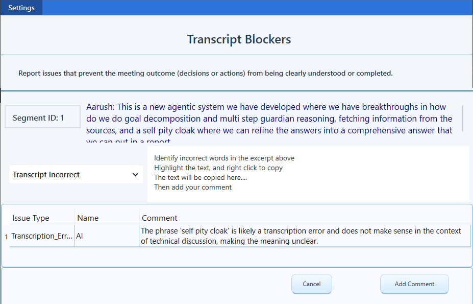 Screenshot how AI-Transcript handles transcript blockers identified as issues that prevent reliable Minutes of Meeting from being created