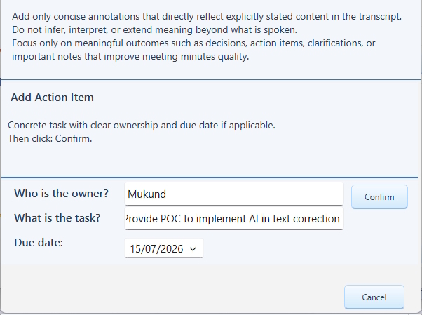 Visual example of an action item defining assignee, task details, and target date, emphasizing the risk of AI-only tools missing vital commitments and ruining official meeting records.