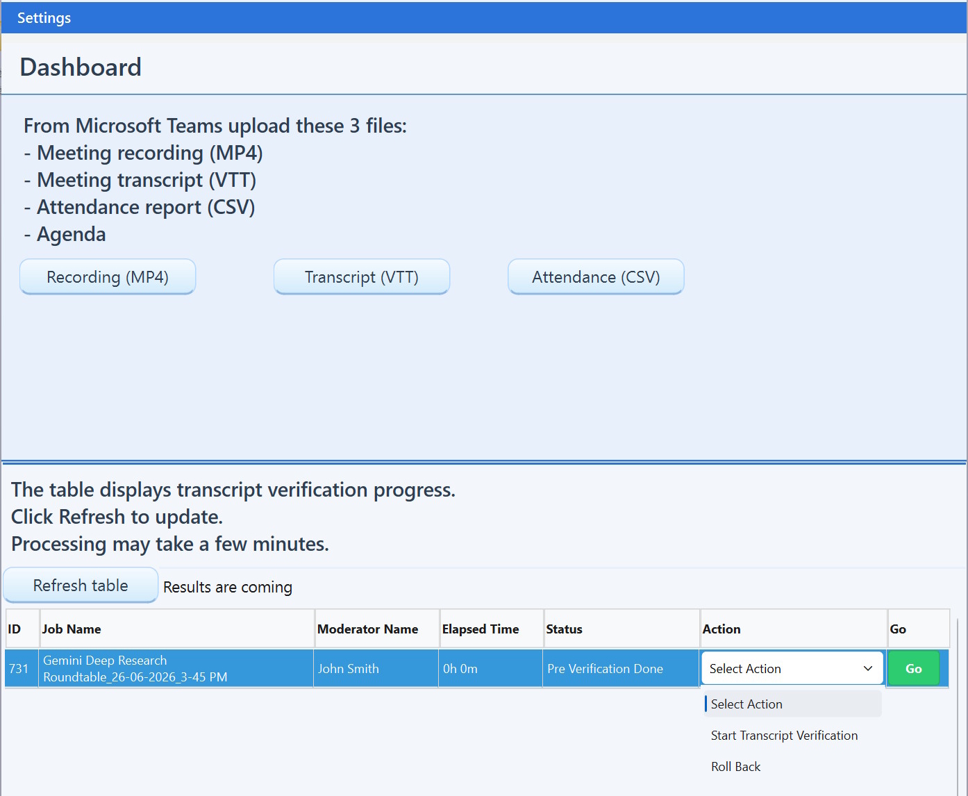 Screenshot of AI-Transcript managing transcript queue