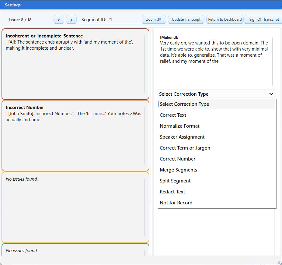 Screenshot of allowed transcript corrections to modify the transcript because something is objectively incorrect